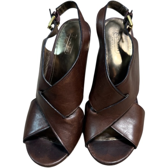Coach Shoes - Coach Jamila‎ Wedge Sandals Brown Leather Open Toe Heels Size 8.5B